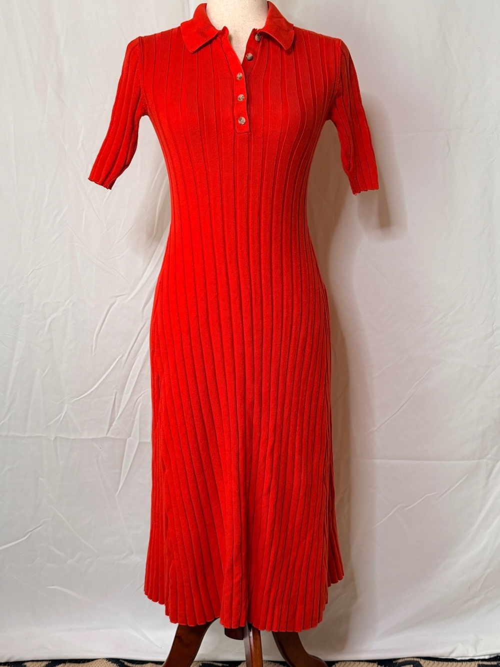 LOFT tomato Red Ribbed knit Polo Midi Dress, causal comfort, classic
Style